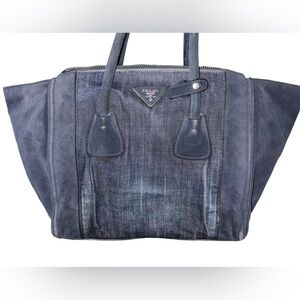 Prada Denim Suede Scamosciato Twin Pocket Tote Bleu